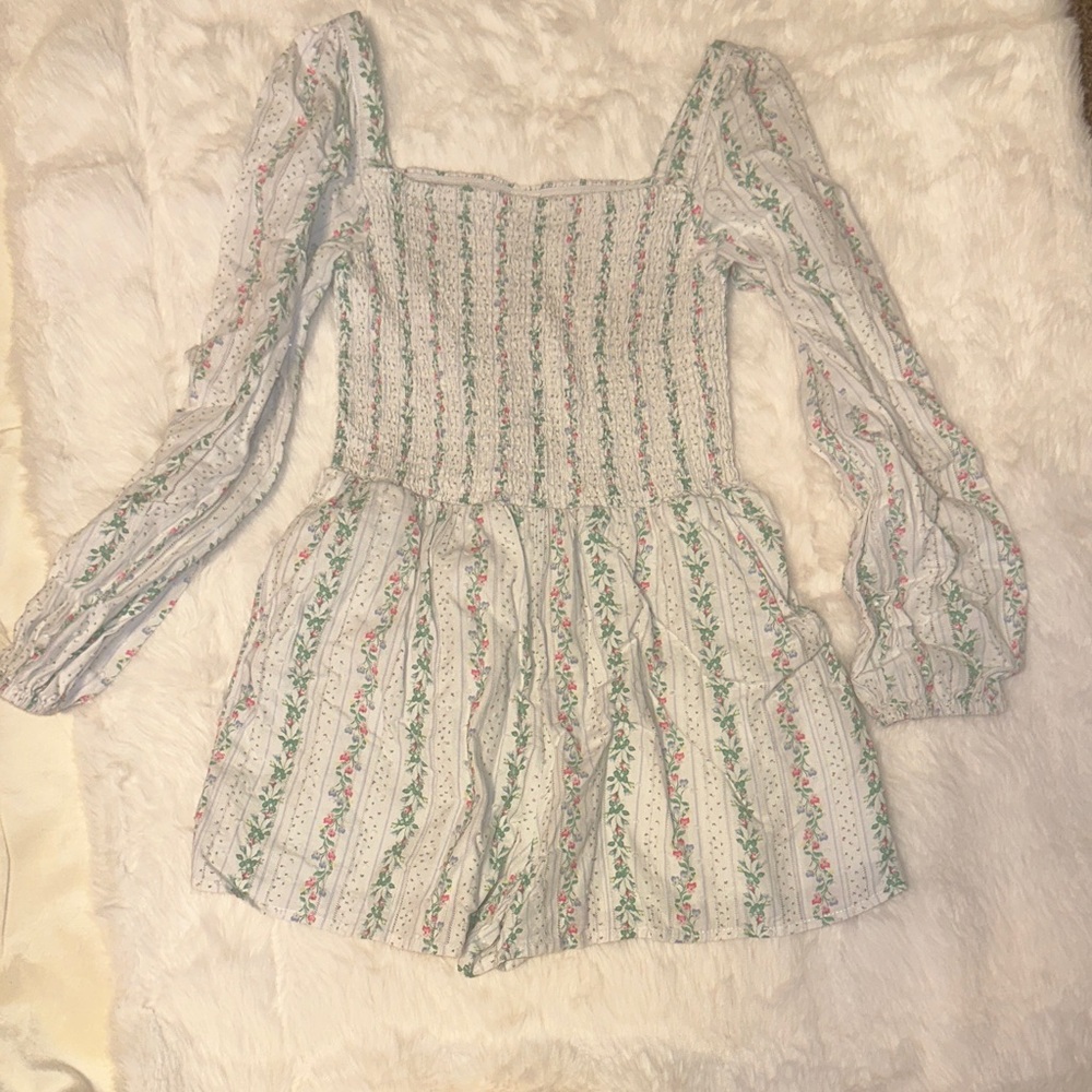 Janie and Jack Floral Long Sleeve Romper - White and Green